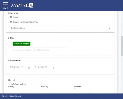 EUSATEC Temperatur-Überwachung Einstellungen des Cloudservices