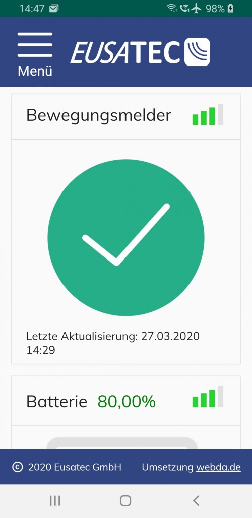 EUSATEC IoT Cloud-Service Dashboard Bewgungsmelder via APP